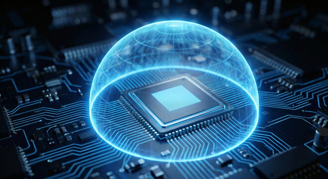Glowing blue spherical digital force field protecting a central microchip on a circuit board
