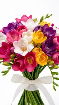 Vibrant Bouquet of Mixed Freesia Flowers Tied With White Ribbon Against White Background