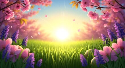 Obraz premium Serene spring landscape with blooming flowers and sunset