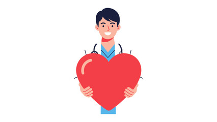 Doctor's Compassionate Embrace: A smiling doctor, radiating care, holds a vibrant red heart, symbolizing health, empathy, and the heart of healing.