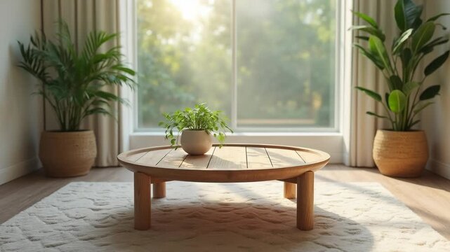 Empty round wooden coffee table for product placement in cozy living room 
