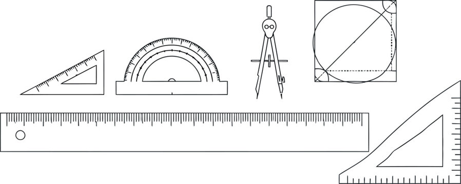 Collection of black and white technical drawing instruments including a ruler set square protractor and compass illustrating precision engineering and geometric design concepts clearly.