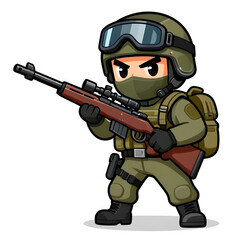 Naklejka premium A sturdy special forces soldier with a combat weapon, fully equipped in special combat gear. Cartoon mascot, illustration, clean lines, flat design, modern, high quality