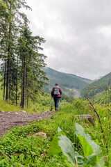 Fototapeta premium Female Hiker with Backpack on Mountain Path