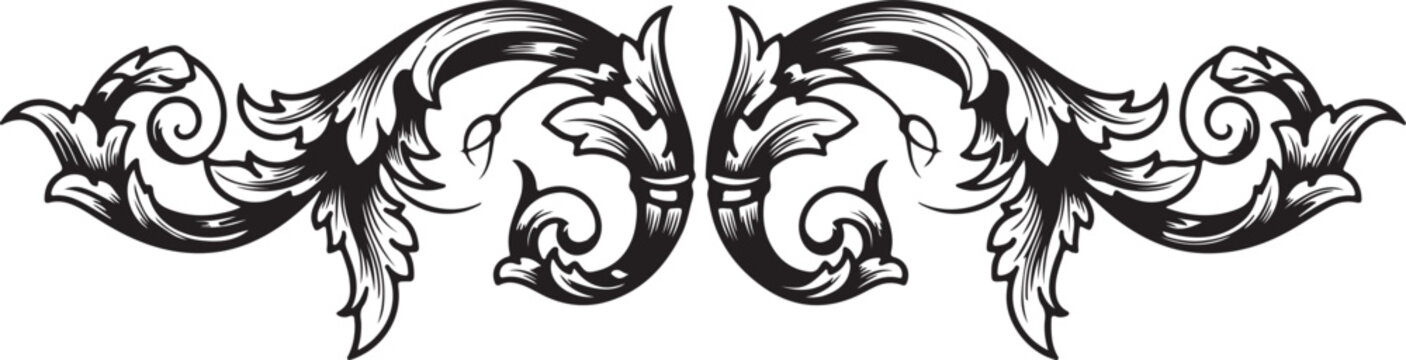 Intricate black and white floral and scroll design with symmetrical patterns