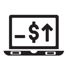 Laptop screen displaying a command prompt with a dollar sign and an upward arrow symbol, representing financial growth or profit.