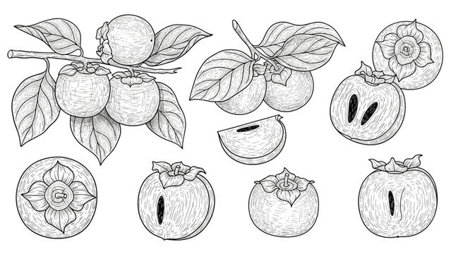 Collection of detailed hand drawn persimmon fruits, some on branches with leaves and others cut in half, showing seeds in black and white.