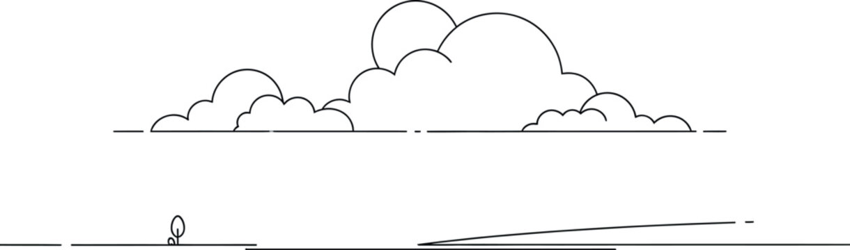 Minimalist vector illustration depicts a stylized sun partially hidden behind large cartoon clouds set above a simple green horizon line featuring one tiny sprout.