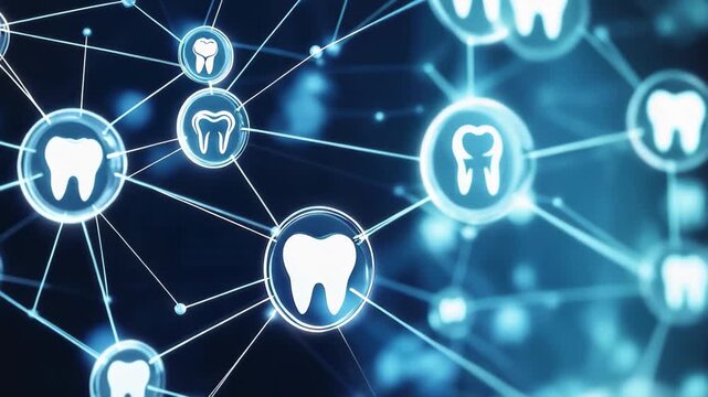 Exploring the network of dental connections and icons representing diverse dental health concepts, network of connections with icons over diverse doctors talking