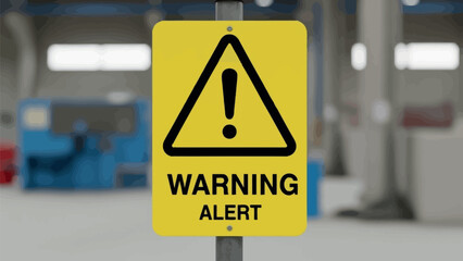 Bright yellow industrial safety sign displaying a prominent black exclamation mark within a triangle above the words warning alert mounted on a metal post inside a facility.