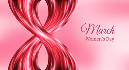 Elegant 8 March Women&rsquo;s Day vector illustration with flowing red ribbon forming infinity symbol, celebrating femininity, equality, love and empowerment on soft pink gradient background