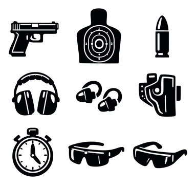 Modern graphic firearm equipment set featuring a pistol, target, ammunition, ear protection, and safety glasses for shooting sports