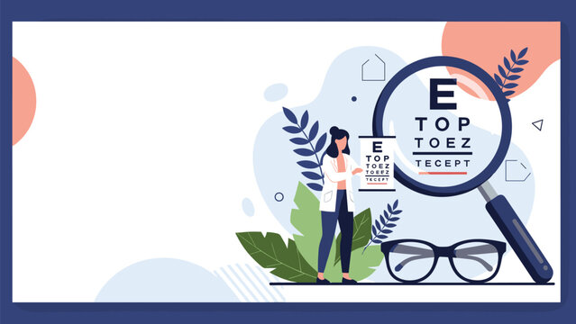 Infographic banner for an eye exam or optometry clinic featuring an eye chart, a magnifying glass, glasses, and a female doctor.