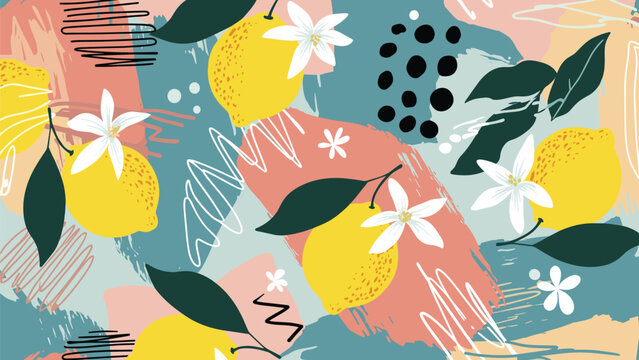 Vibrant abstract background pattern featuring yellow lemons, white flowers, and dark green leaves mixed with colorful painterly shapes.
