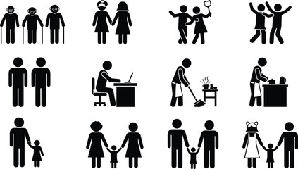 Comprehensive Vector Icon Set of Stick Figures Representing Diverse Families Elderly People Professional Work Home Cleaning and Parenting Activities Isolated on White