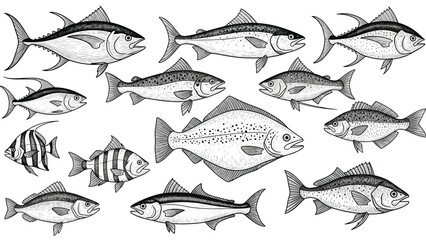 Detailed hand drawn illustration of different fish species including tuna salmon and flatfish in a black and white set.