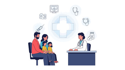Healthcare Consultation: A medical professional engages in a consultation with a family, with medical symbols. Demonstrating a focus on health, care, and well-being.