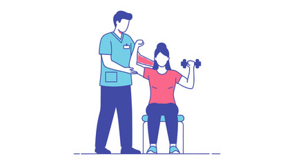Naklejka premium Rehabilitation Exercise: A patient strengthens her arm with dumbbell assistance from a therapist during physical rehabilitation, embodying commitment to health and wellness.