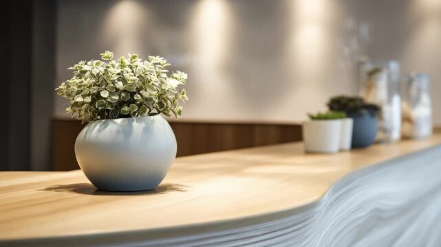 Medium shot of a reception wellness desk with serene minimalist design elements highlighted while the background health tips remain out of focus.