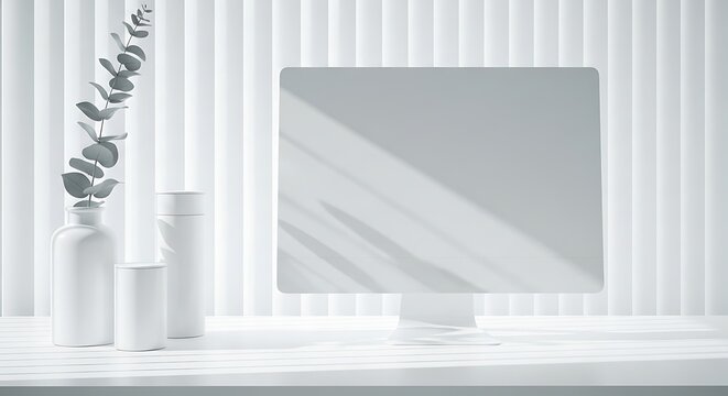 White desk with computer monitor and decorative vases on white background