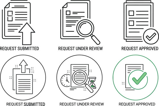 Six icons depicting request submission and approval process isolated on transparent background