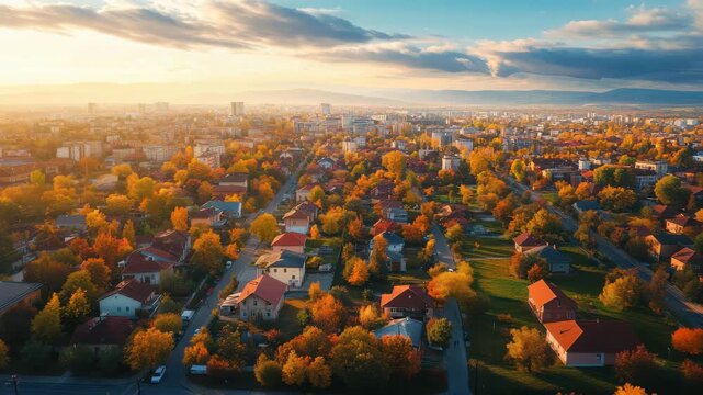 Stunning aerial view of Timisoara, Romania showing vibrant autumn colors during golden hour, Aerial view of the city Timisoara in Romania on a sunny day in autumn
