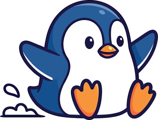 Naklejka premium Adorable cartoon baby penguin sliding happily with raised wings and an excited orange beak against a clean white background illustrating playful animal movement