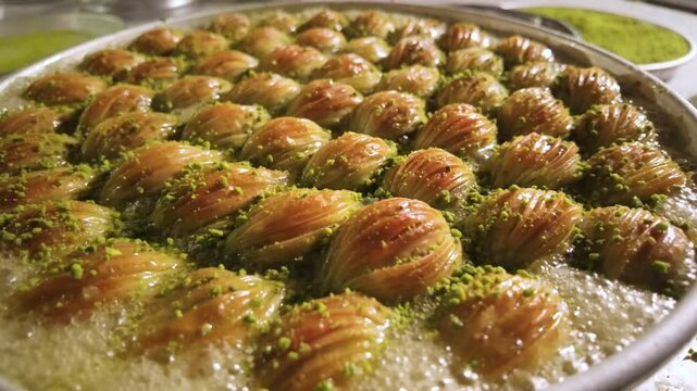 Sprinkling ground pistachios on freshly baked mussel-shaped baklava (midye baklava)