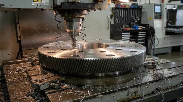 Medium shot of rotary table milling process creating accurate bolt circle threads on large flange showcasing synchronized motion and industrial workshop environment.