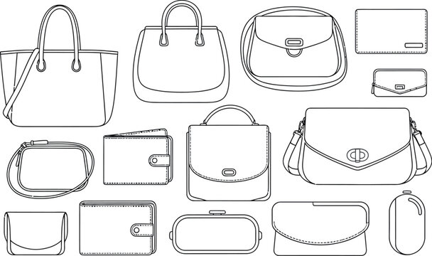 Collection of black outline icons representing various styles of women's handbags shoulder bags purses and different types of wallets for fashion design.