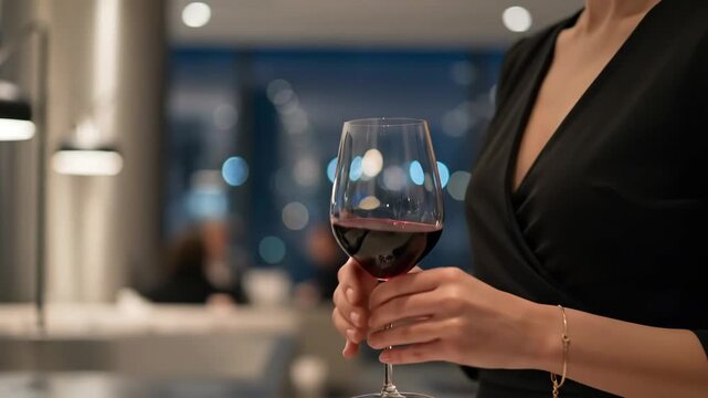 Woman holding red wine glass. Elegant lady drinking alcohol beverage in restaurant or bar with blurred lights. Festive event concept.