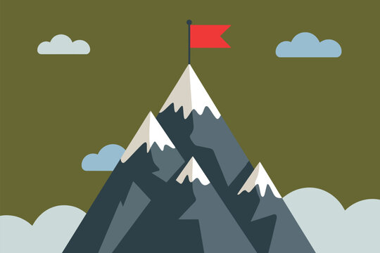Mountain peak illustration with red flag on top representing business success, goal completion, leadership, achievement, mission accomplished, and overcoming challenges for corporate, motivational,