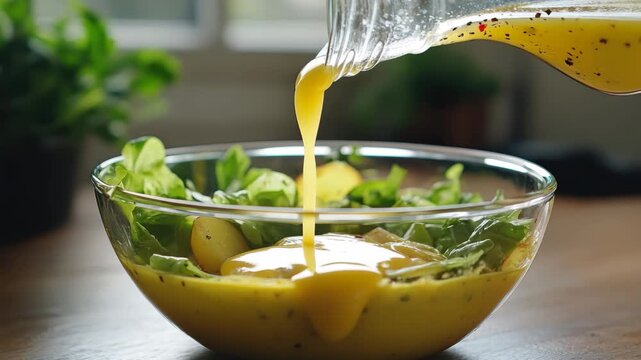 Pouring creamy dressing on a fresh Caesar salad in a well-lit kitchen setting, Pour dressing on a Caesar salad Camera slider shot