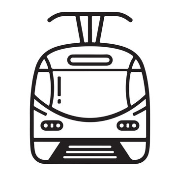 A black and white line icon illustrating the front view of a modern tram or light rail vehicle