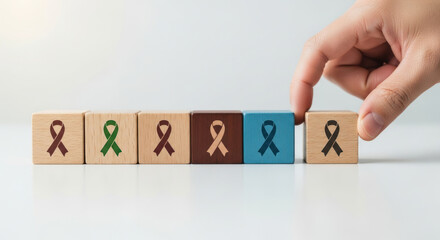 Hand placing a black ribbon block among other colored ribbon blocks.