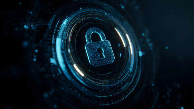 Secure digital padlock interface with circular encryption layer, data protection, access control, and cybersecurity authentication concept