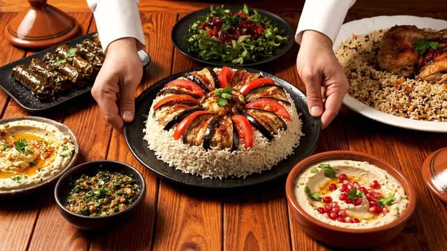 Lavish Middle Eastern Feast with Maqluba, Hummus, Tabbouleh, Grape Leaves and Chicken on Rustic Table, 4K Video.
