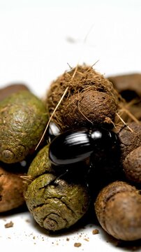 Dung Beetle Rolling Ball of Dung Near Other Fecal Pellets, Macro Close-Up