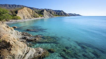 Obraz premium Scenic coastal landscape with rocky cliffs and clear turquoise waters