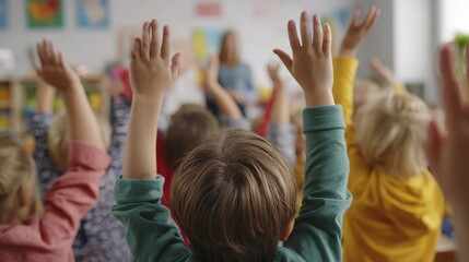 Classroom engagement: diverse children raising hands enthusiastically during lesson
