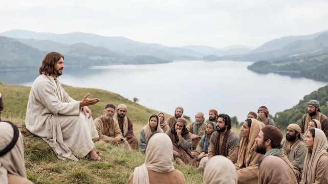 Jesus Christ teaching a multi-ethnic crowd of men and women outdoors. Gospel story with people listening to sermon. The Sermon on the Mount