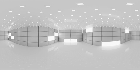 Panoramic white tiled interior with grid lights 360 vr panorama