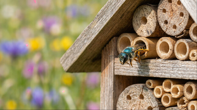 Bee buzzing near insect hotel with wildflowers in background during sunny day