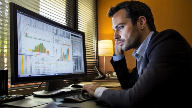 Businessman focuses intently on modern computer while analyzing data in a well-lit office, businessman working with new modern computer and data business charts