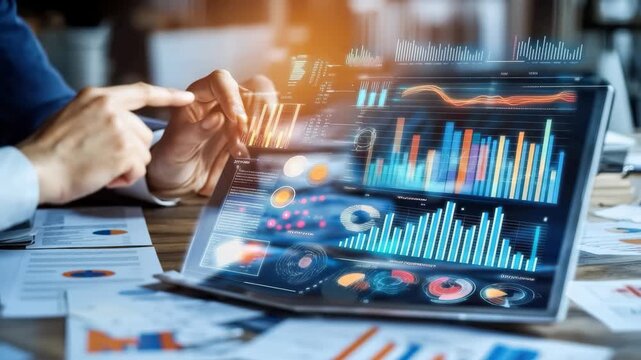 Business person analyzing digital data insights during a strategy meeting, business person looking at the screen of a digital tablet