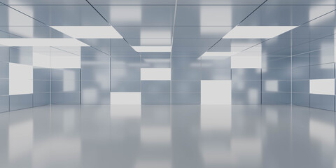 Futuristic reflective interior with grid panels