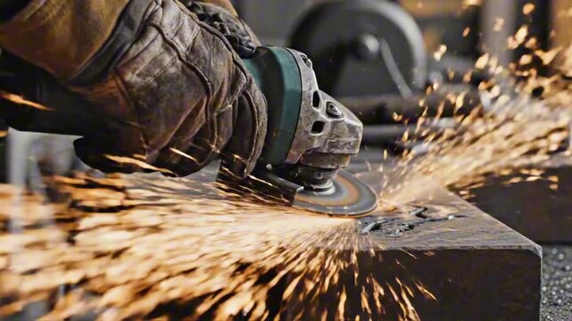 Cinematic industrial video showing angle grinder tool in use hands grinding metal surface sparks flying outward slow motion sparks detailed steel reflections gritty workshop atmosphere medium close up