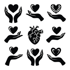 A collection of heart and hand icons representing love and care isolated on white background, Vector, illustration