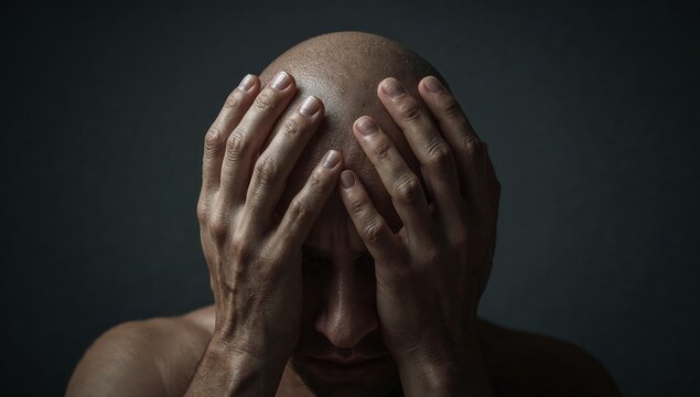A bald man covers his face with his hands displaying intense emotional distress and despair