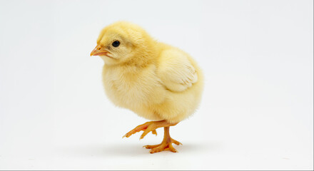 Obraz premium Chick standing on one leg on a white background with no other objects or distractions present